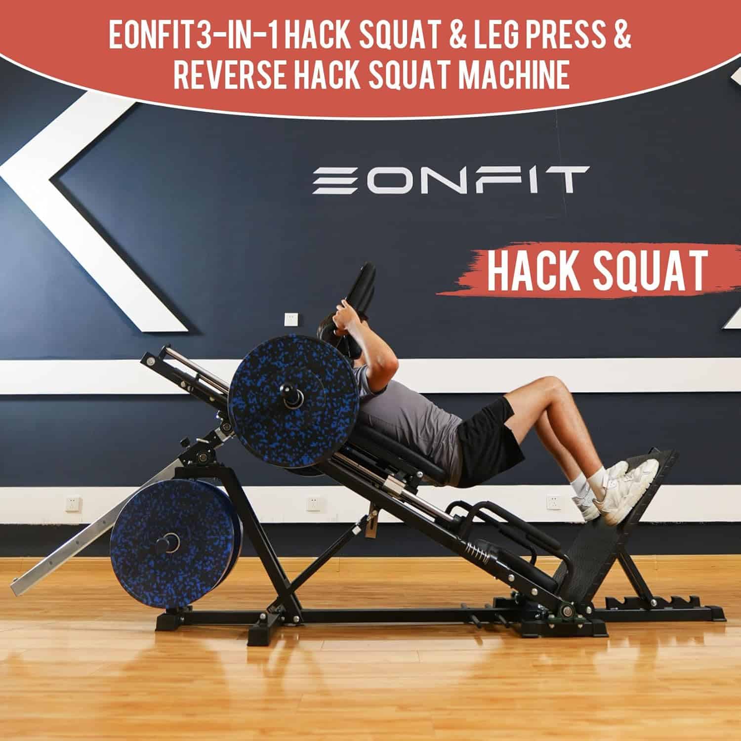 Person using a EONFIT hack squat machine in a gym setting with branding visible.