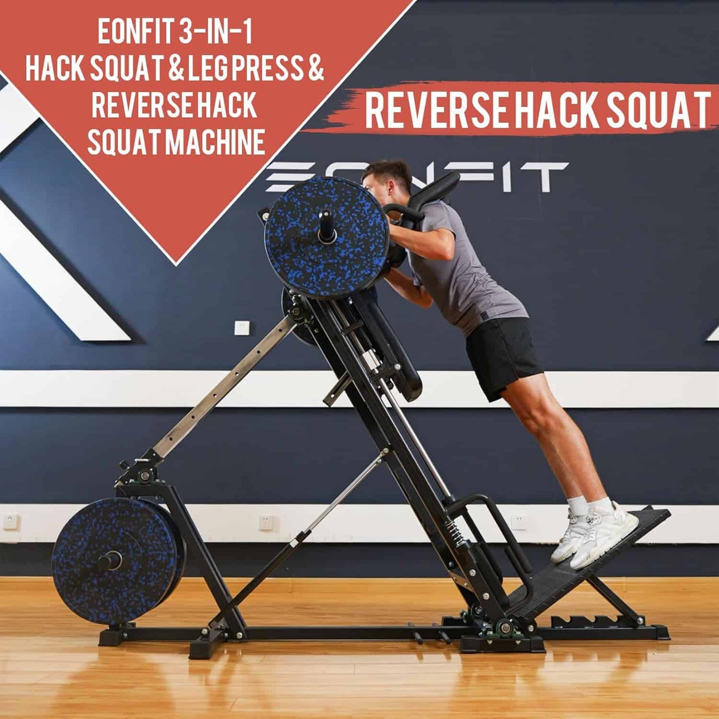 Person using a 3-in-1 hack squat and leg press machine with EFIT branding.