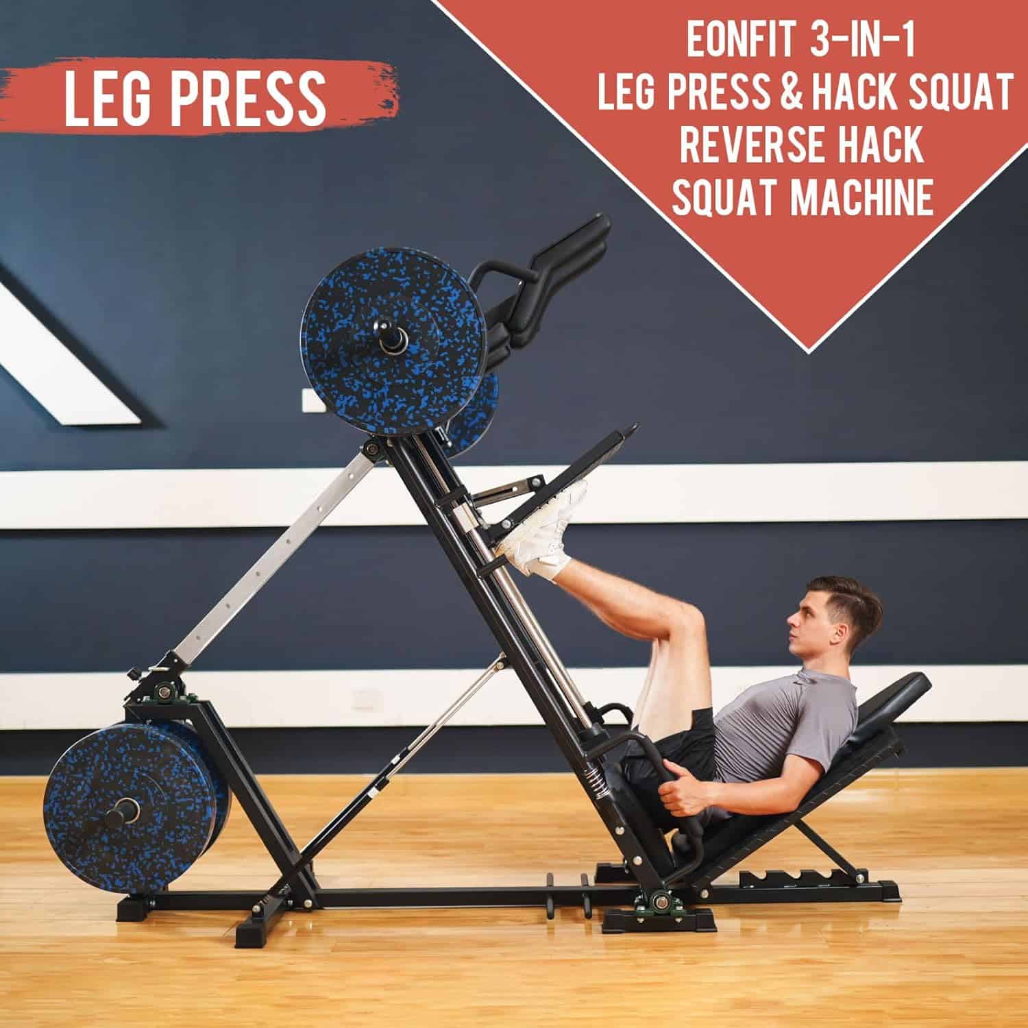 Person using a leg press machine with text indicating its features.