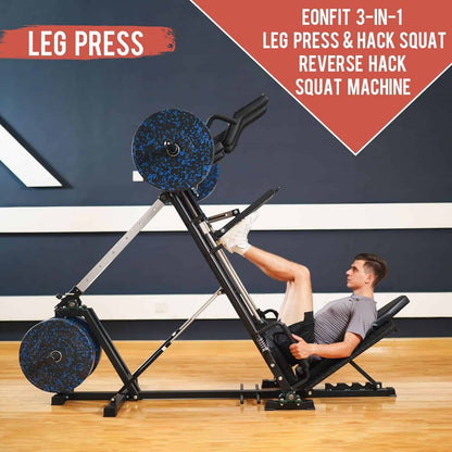 Person using a leg press machine with text indicating its features.