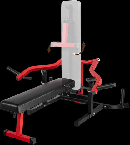 Gym bench with red and black frame on a white background