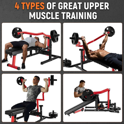 Four types of upper muscle training exercises with a person using gym equipment.