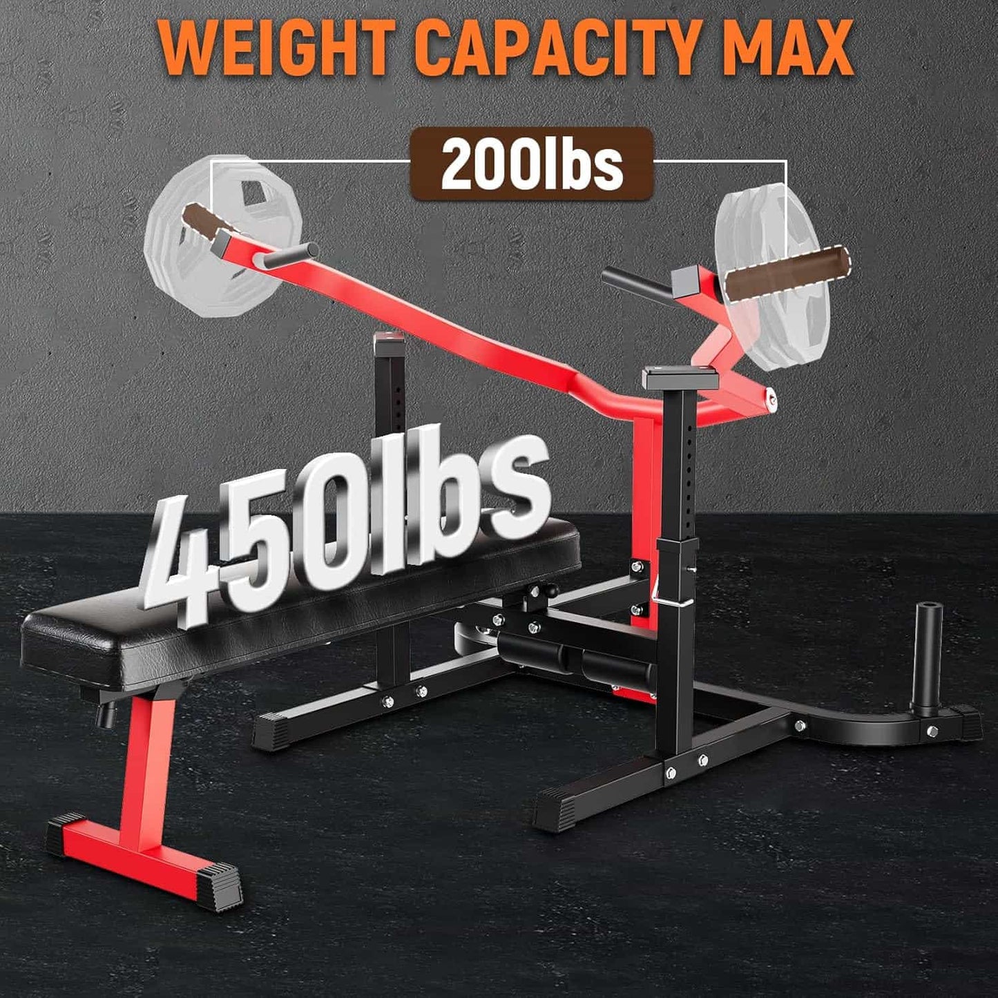 Weight bench with weight capacity display on a dark background
