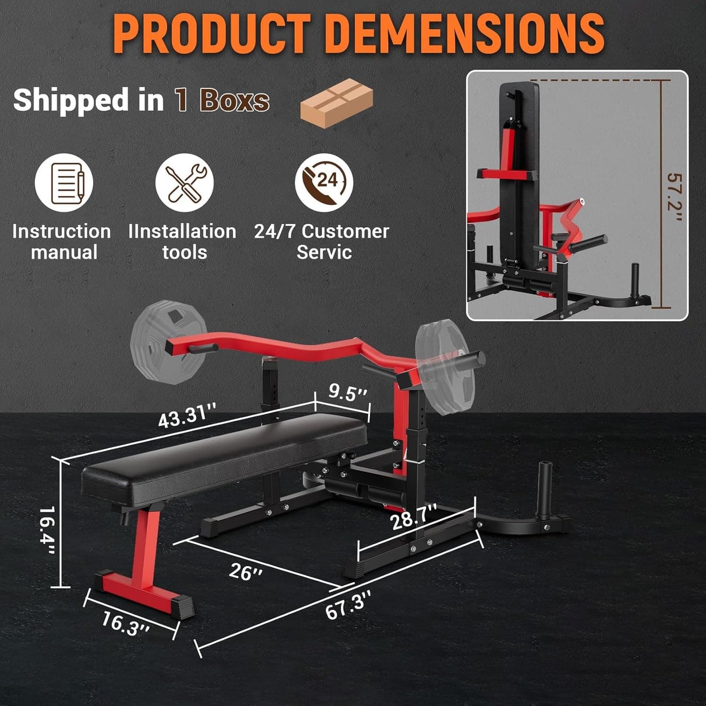 Gym bench with dimensions and product details on a black background
