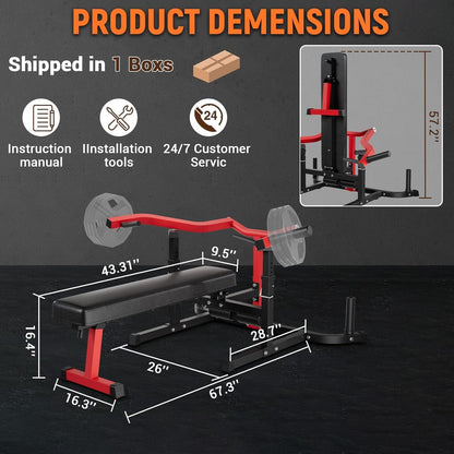 Gym bench with dimensions and product details on a black background