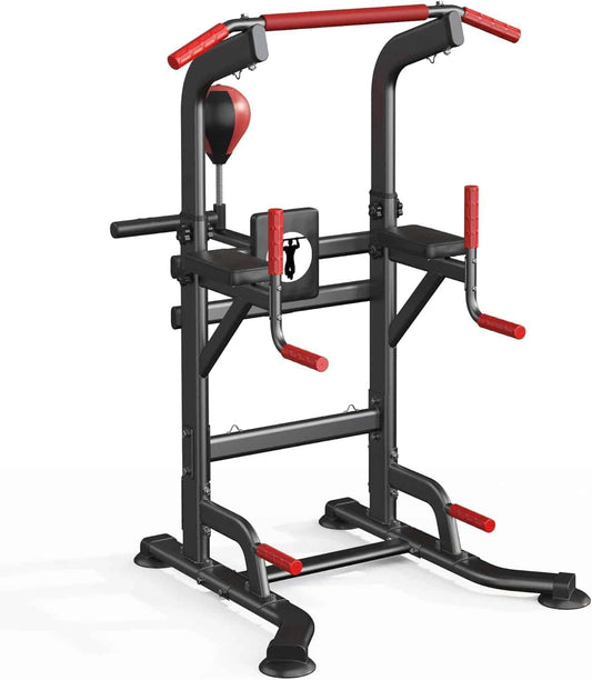 Black and red pull-up bar and weight rack on a white background