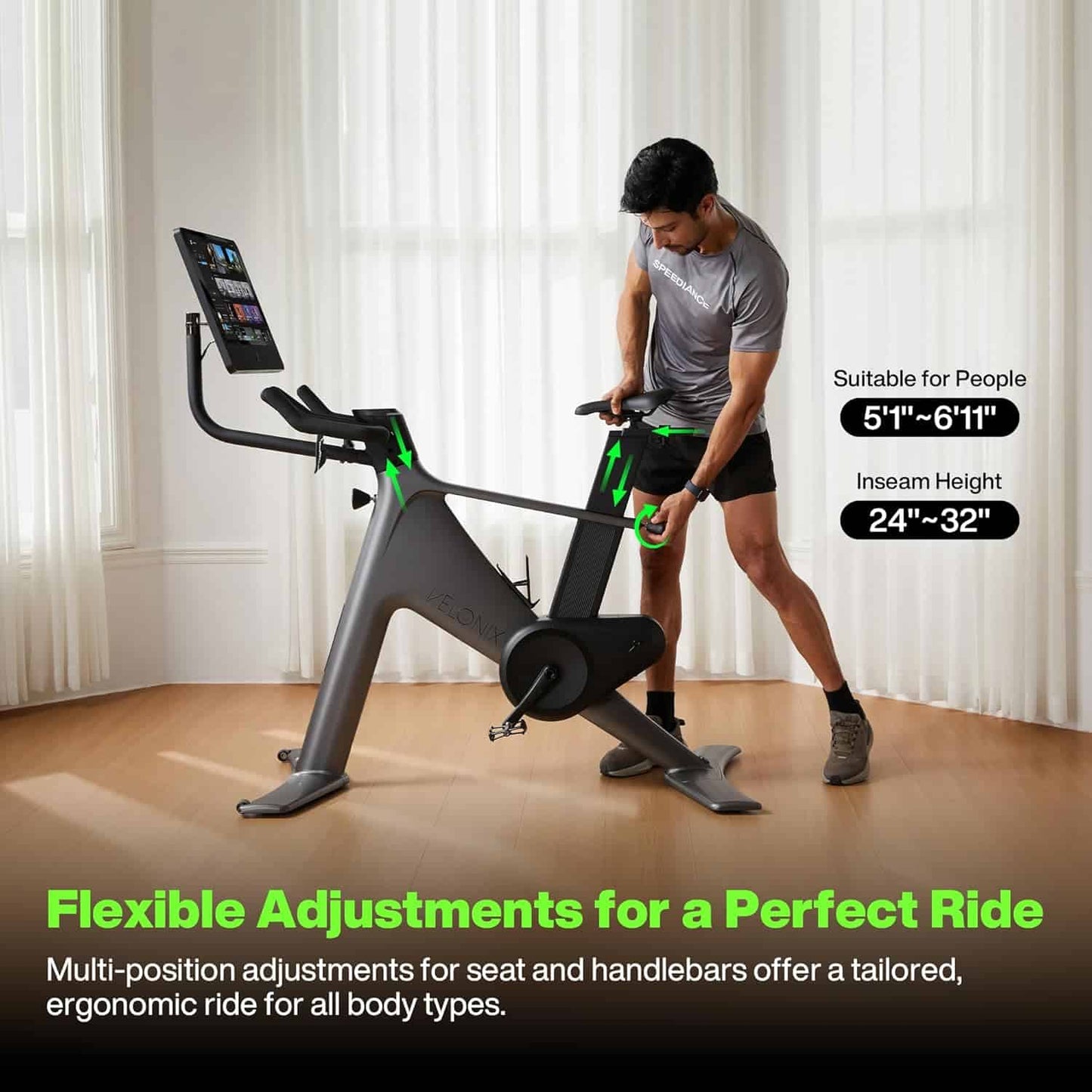 Person adjusting a stationary bike with text about flexible adjustments in a room with white curtains.