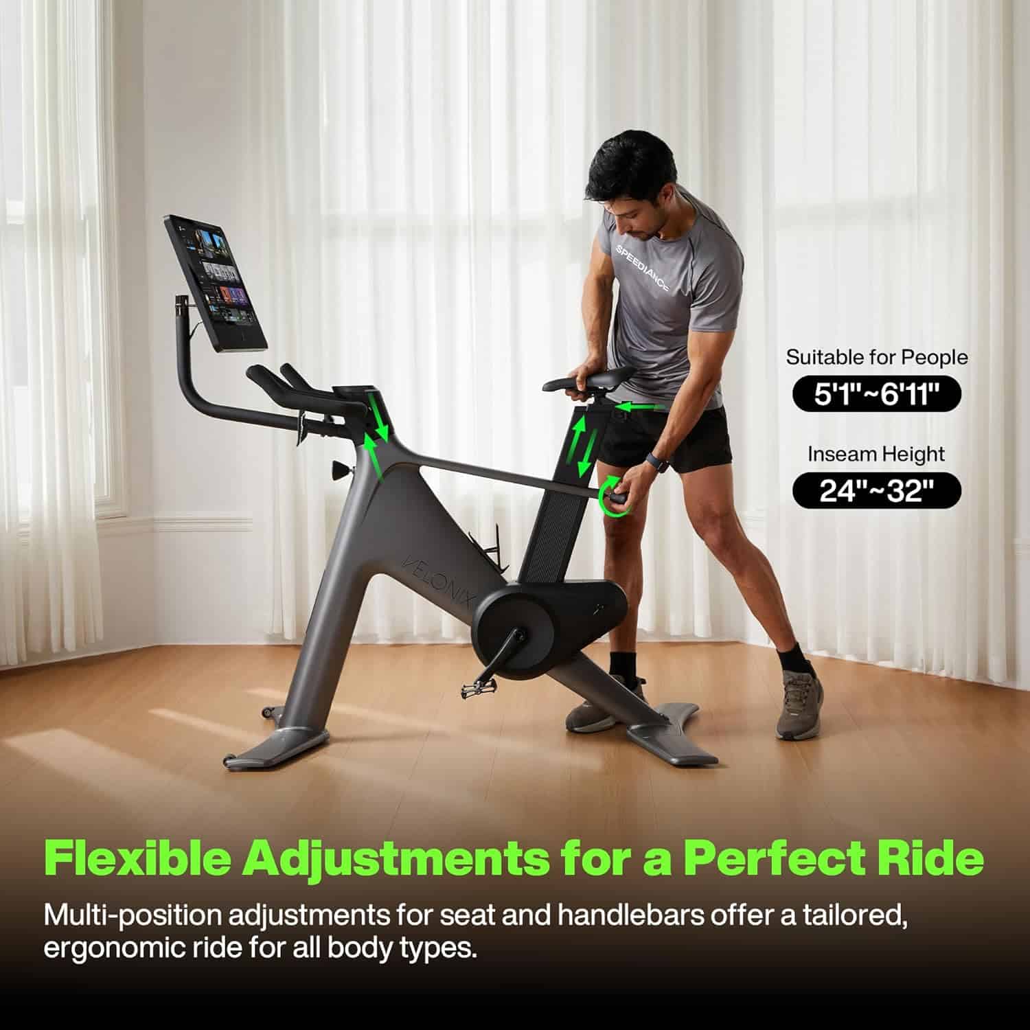 Person adjusting a stationary bike with text about flexible adjustments in a room with white curtains.