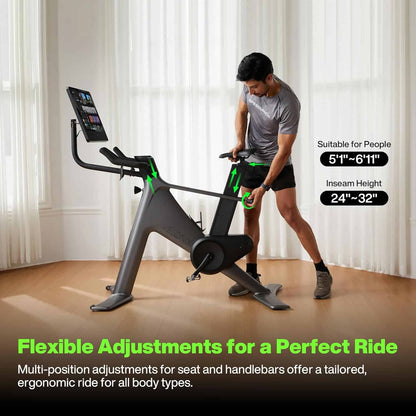 Person adjusting a stationary bike with text about flexible adjustments in a room with white curtains.