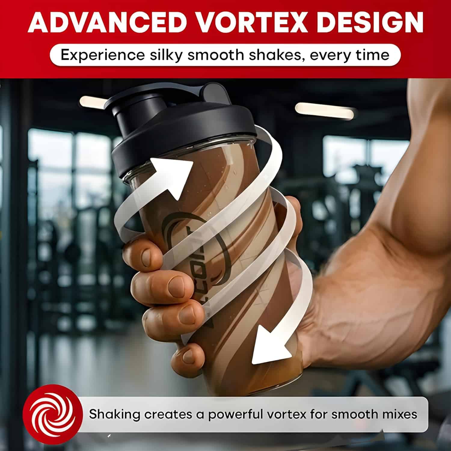 Shaker bottle with advanced vortex design being held, with text about silky smooth shakes.