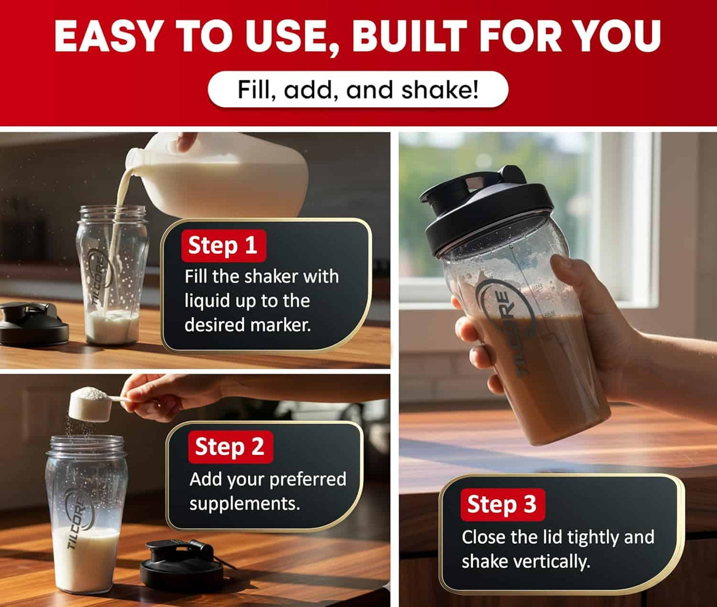 Instructions for using a shaker bottle with steps displayed on a red background.