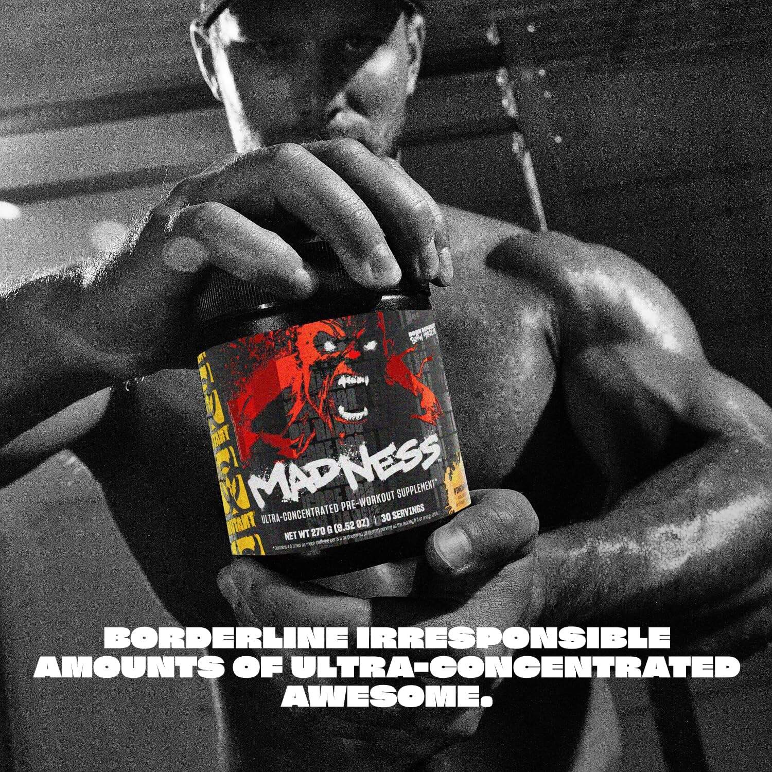 Person holding a supplement bottle labeled 'MADNESS' with text about its effects.
