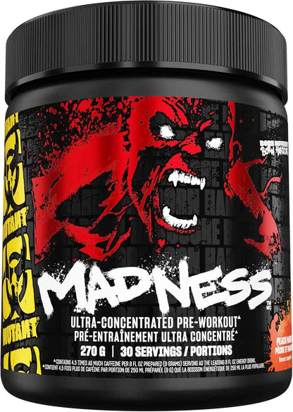 Pre-workout supplement container with a graphic design on the label