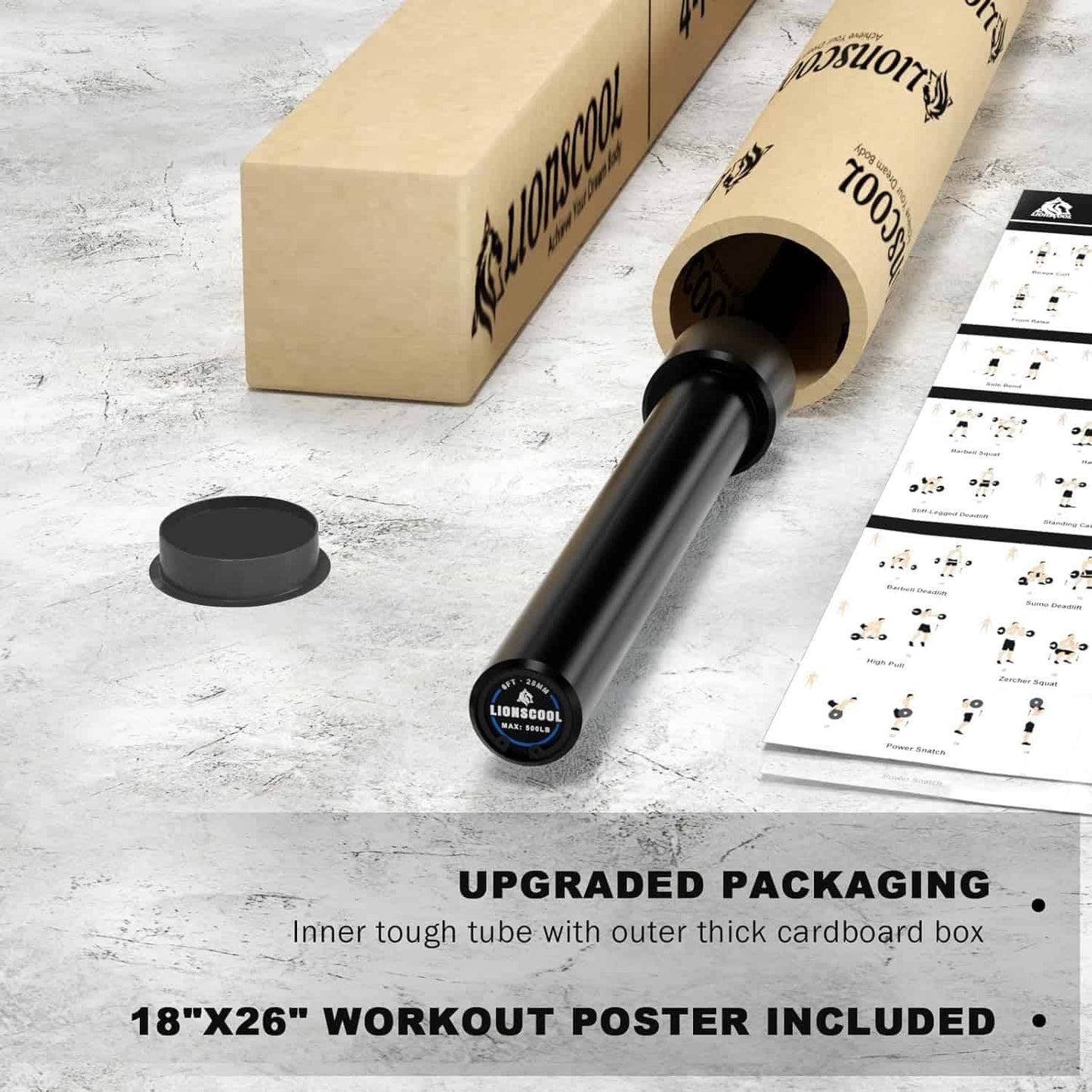 LIONSCOOL Premium Olympic Barbell – 4ft, 5ft, 6ft, 7ft Options | EZ Curl Bar & Straight Bar for Weightlifting, Squats, Deadlifts, Powerlifting – 500 to 1000 lbs Capacity – Black E-Coat Finish LIONSCOOL