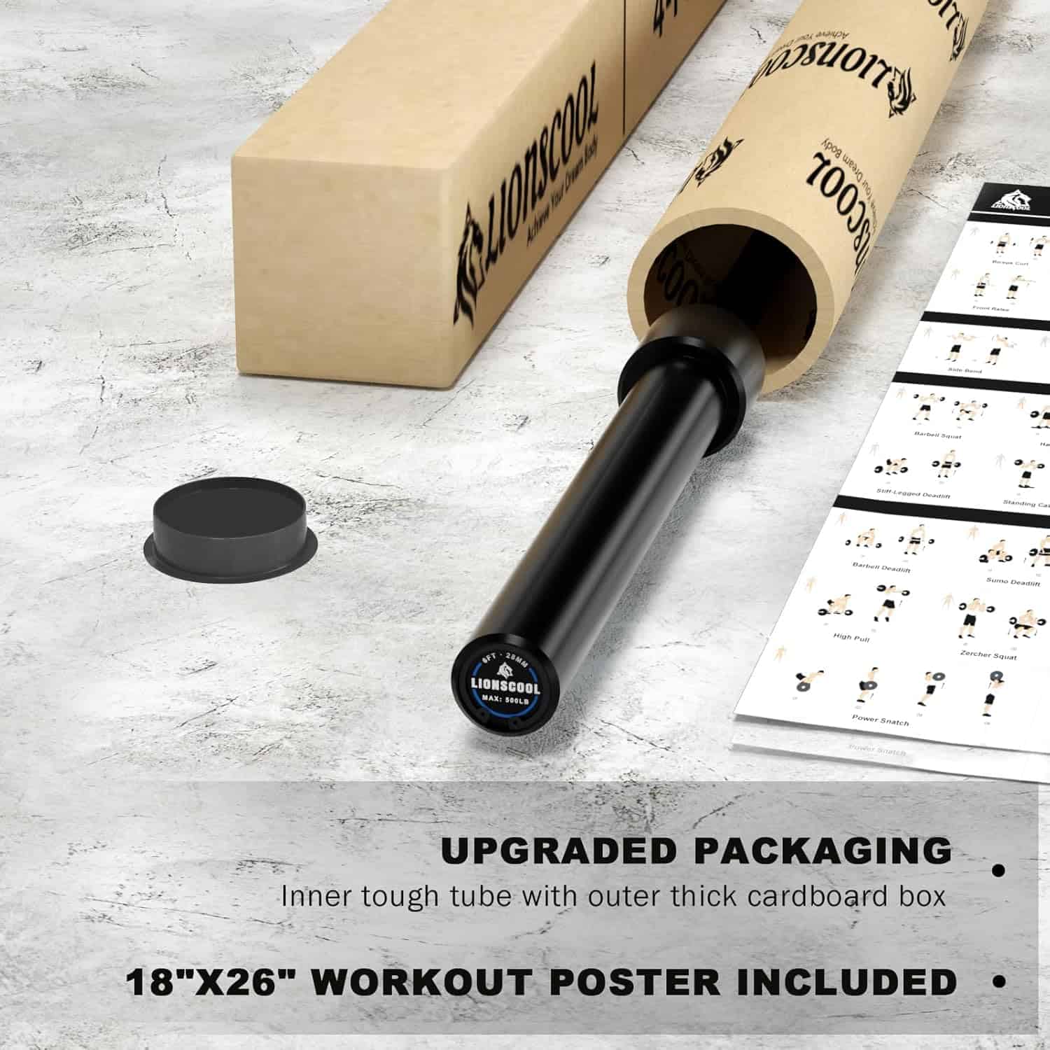 LIONSCOOL Premium Olympic Barbell – 4ft, 5ft, 6ft, 7ft Options | EZ Curl Bar & Straight Bar for Weightlifting, Squats, Deadlifts, Powerlifting – 500 to 1000 lbs Capacity – Black E-Coat Finish LIONSCOOL