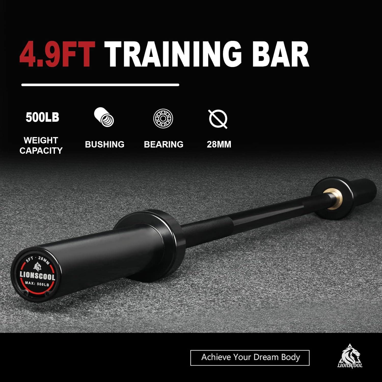 LIONSCOOL Premium Olympic Barbell – 4ft, 5ft, 6ft, 7ft Options | EZ Curl Bar & Straight Bar for Weightlifting, Squats, Deadlifts, Powerlifting – 500 to 1000 lbs Capacity – Black E-Coat Finish LIONSCOOL