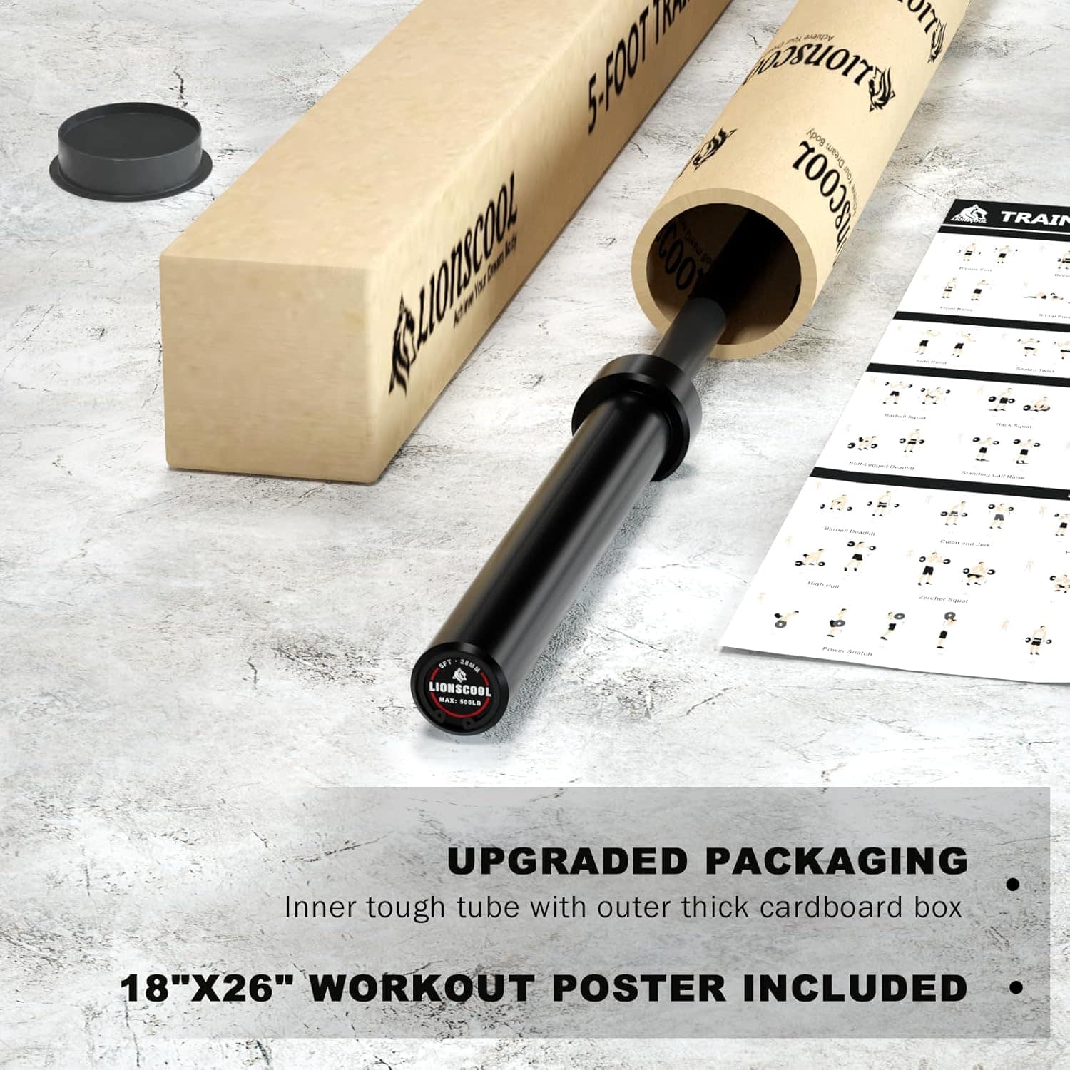 LIONSCOOL Premium Olympic Barbell – 4ft, 5ft, 6ft, 7ft Options | EZ Curl Bar & Straight Bar for Weightlifting, Squats, Deadlifts, Powerlifting – 500 to 1000 lbs Capacity – Black E-Coat Finish LIONSCOOL