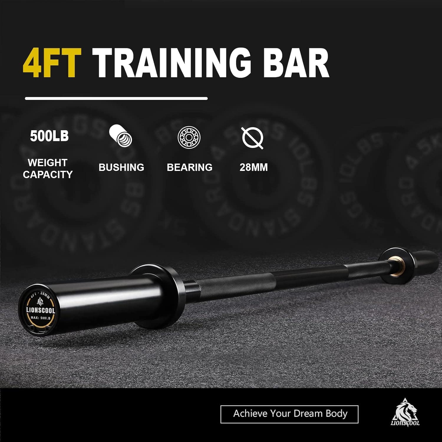 LIONSCOOL Premium Olympic Barbell – 4ft, 5ft, 6ft, 7ft Options | EZ Curl Bar & Straight Bar for Weightlifting, Squats, Deadlifts, Powerlifting – 500 to 1000 lbs Capacity – Black E-Coat Finish LIONSCOOL