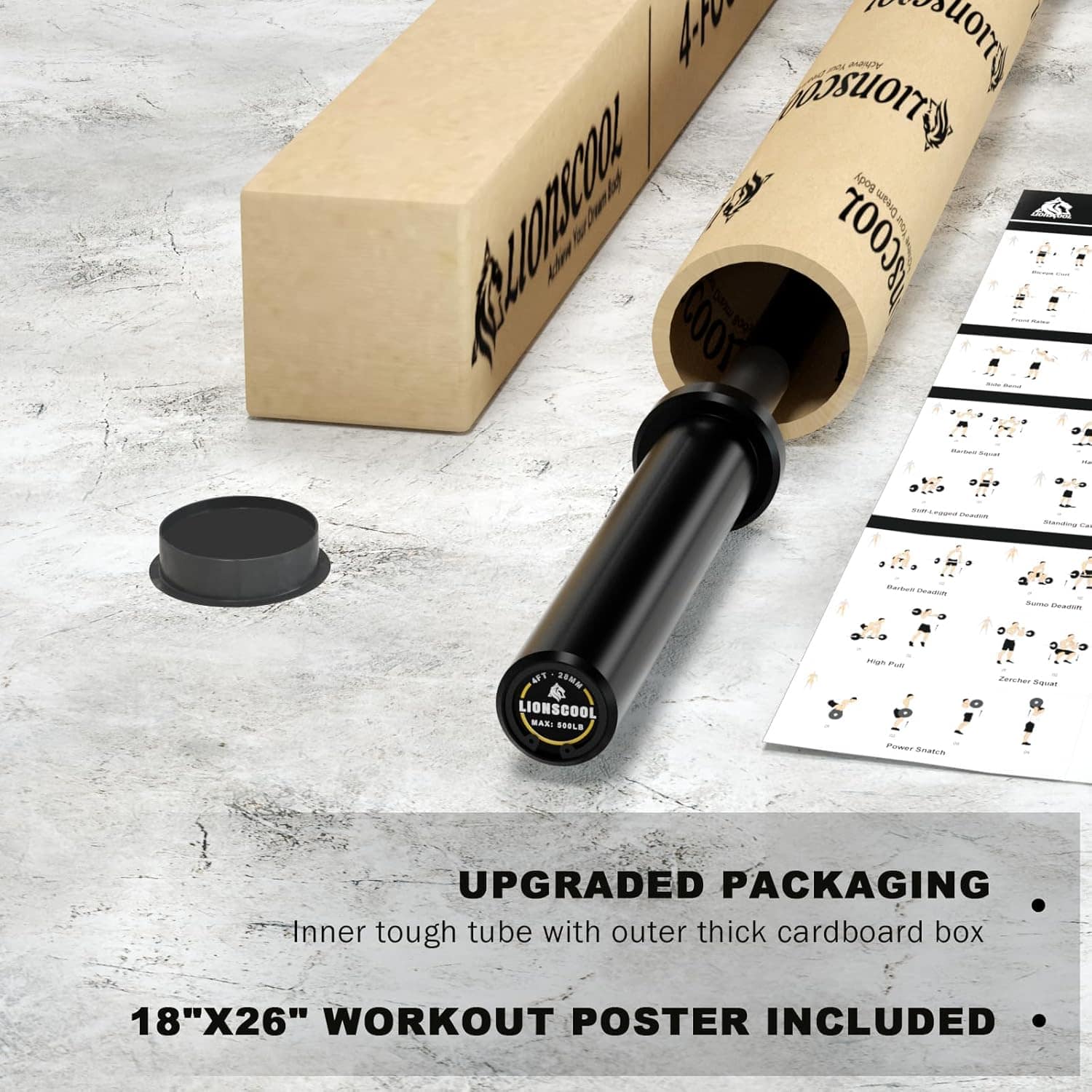 LIONSCOOL Premium Olympic Barbell – 4ft, 5ft, 6ft, 7ft Options | EZ Curl Bar & Straight Bar for Weightlifting, Squats, Deadlifts, Powerlifting – 500 to 1000 lbs Capacity – Black E-Coat Finish LIONSCOOL