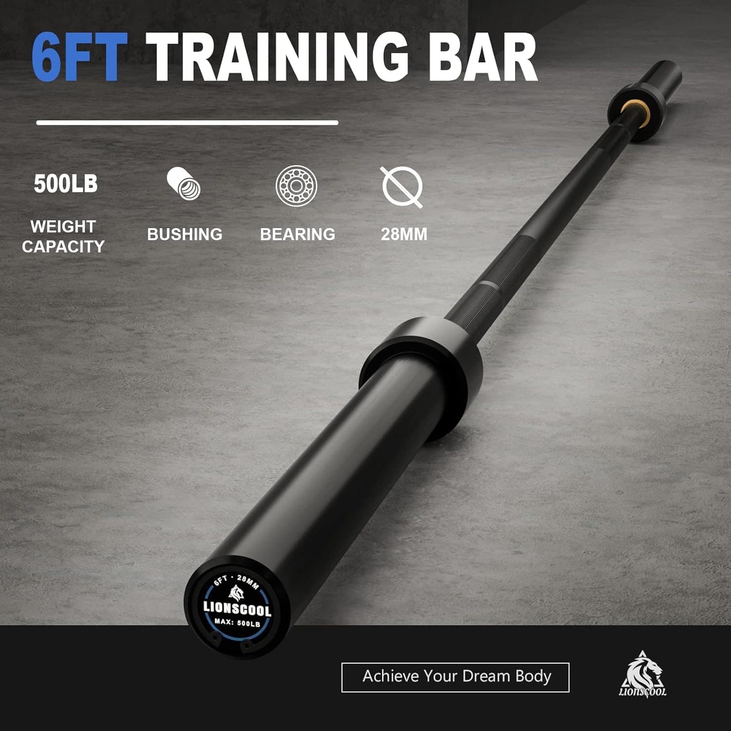 LIONSCOOL Premium Olympic Barbell – 4ft, 5ft, 6ft, 7ft Options | EZ Curl Bar & Straight Bar for Weightlifting, Squats, Deadlifts, Powerlifting – 500 to 1000 lbs Capacity – Black E-Coat Finish LIONSCOOL