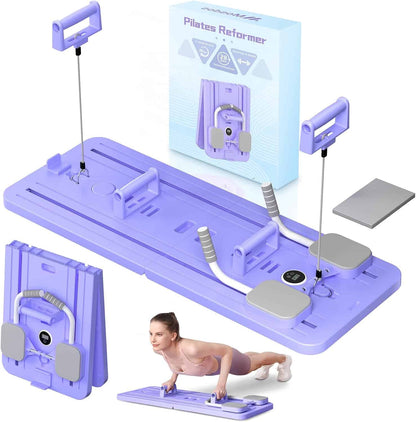 Purple Pilates reformer with accessories and packaging on a white background