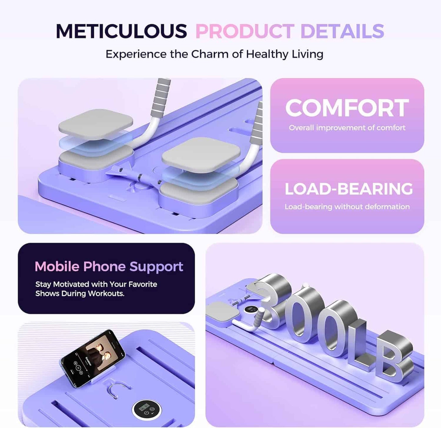 Product details of a fitness device with comfort, load-bearing, and mobile phone support features on a purple background.