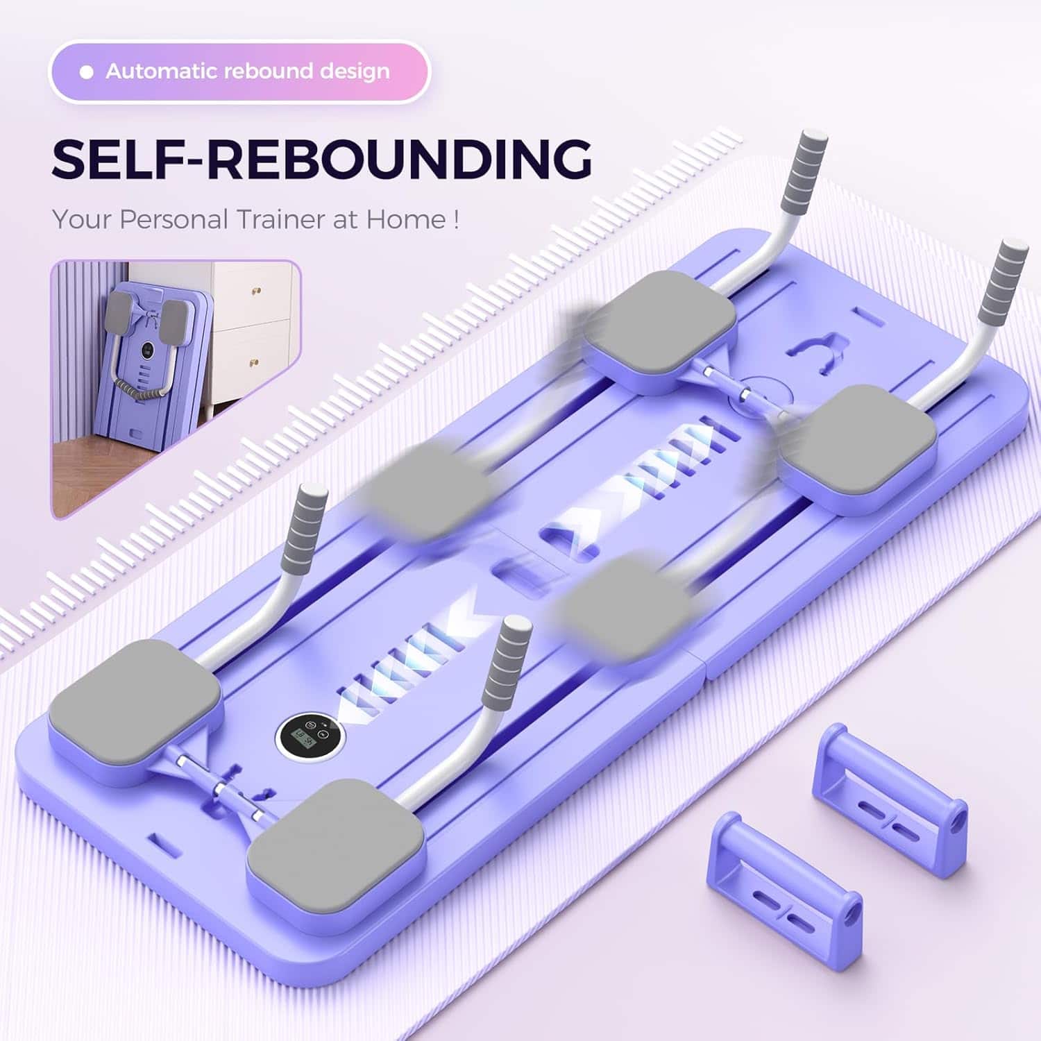 Purple and gray self-rebounding trainer with additional attachments on a light purple background