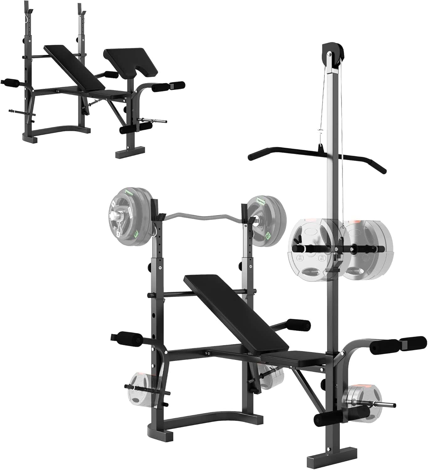 Adjustable Weight Bench with Preacher Curl, Lat Pull Down, Leg Extension & Bench Press Rack – Multi-Function Home Gym Machine Soozier