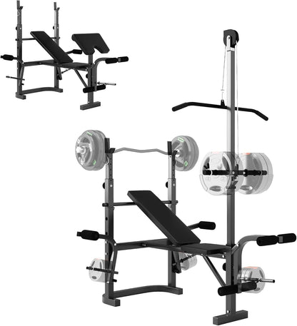Adjustable Weight Bench with Preacher Curl, Lat Pull Down, Leg Extension & Bench Press Rack – Multi-Function Home Gym Machine Soozier