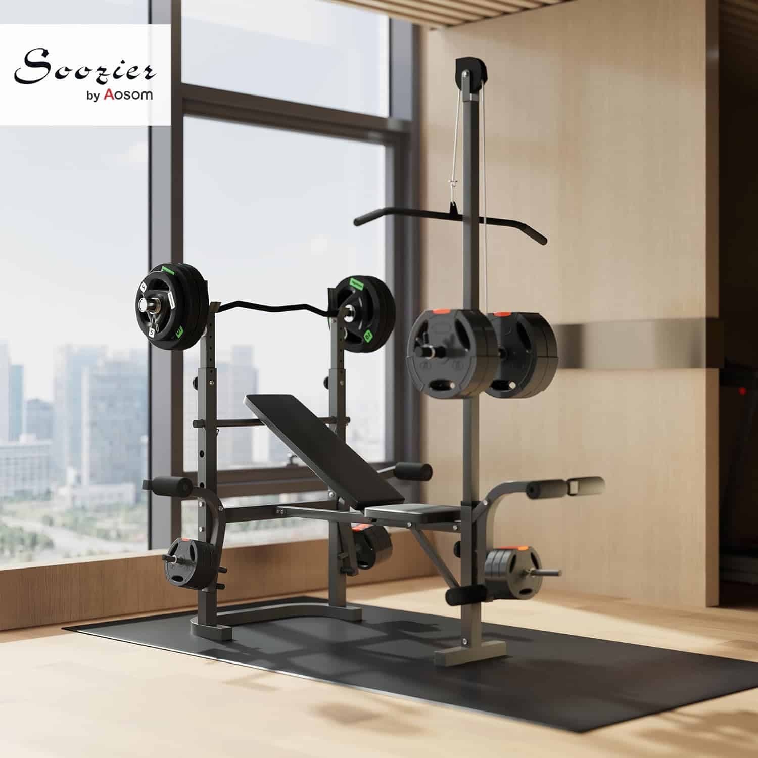 Adjustable Weight Bench with Preacher Curl, Lat Pull Down, Leg Extension & Bench Press Rack – Multi-Function Home Gym Machine Soozier