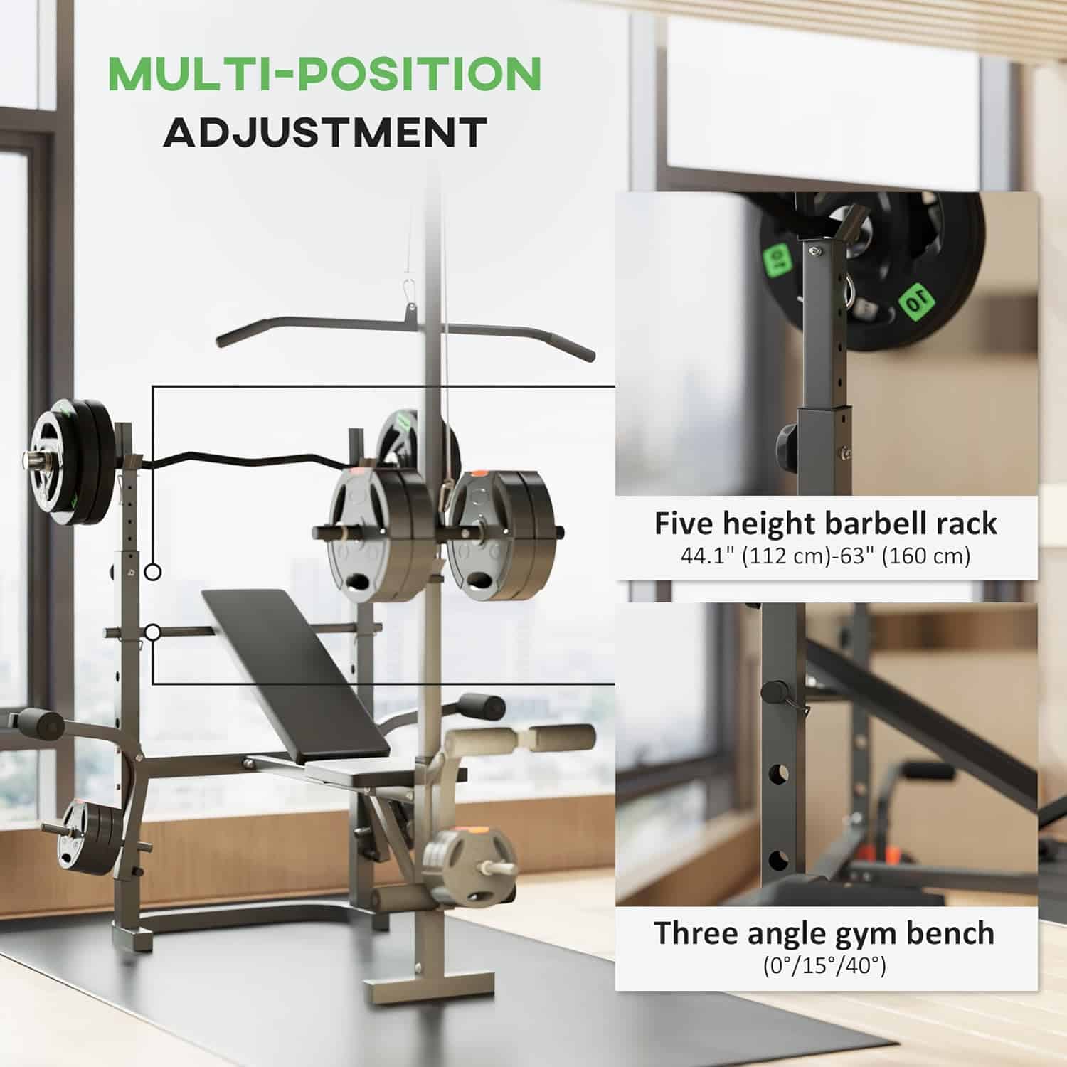 Adjustable Weight Bench with Preacher Curl, Lat Pull Down, Leg Extension & Bench Press Rack – Multi-Function Home Gym Machine Soozier