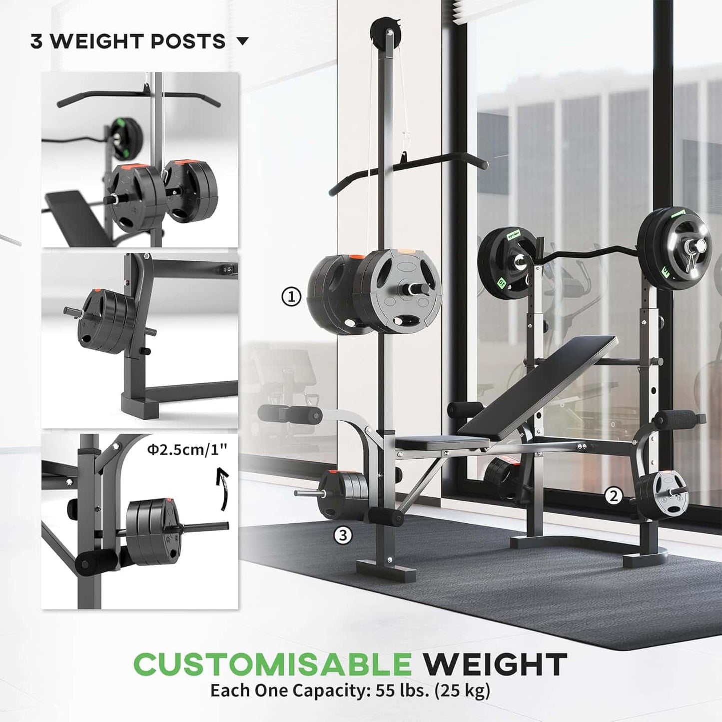 Adjustable Weight Bench with Preacher Curl, Lat Pull Down, Leg Extension & Bench Press Rack – Multi-Function Home Gym Machine Soozier