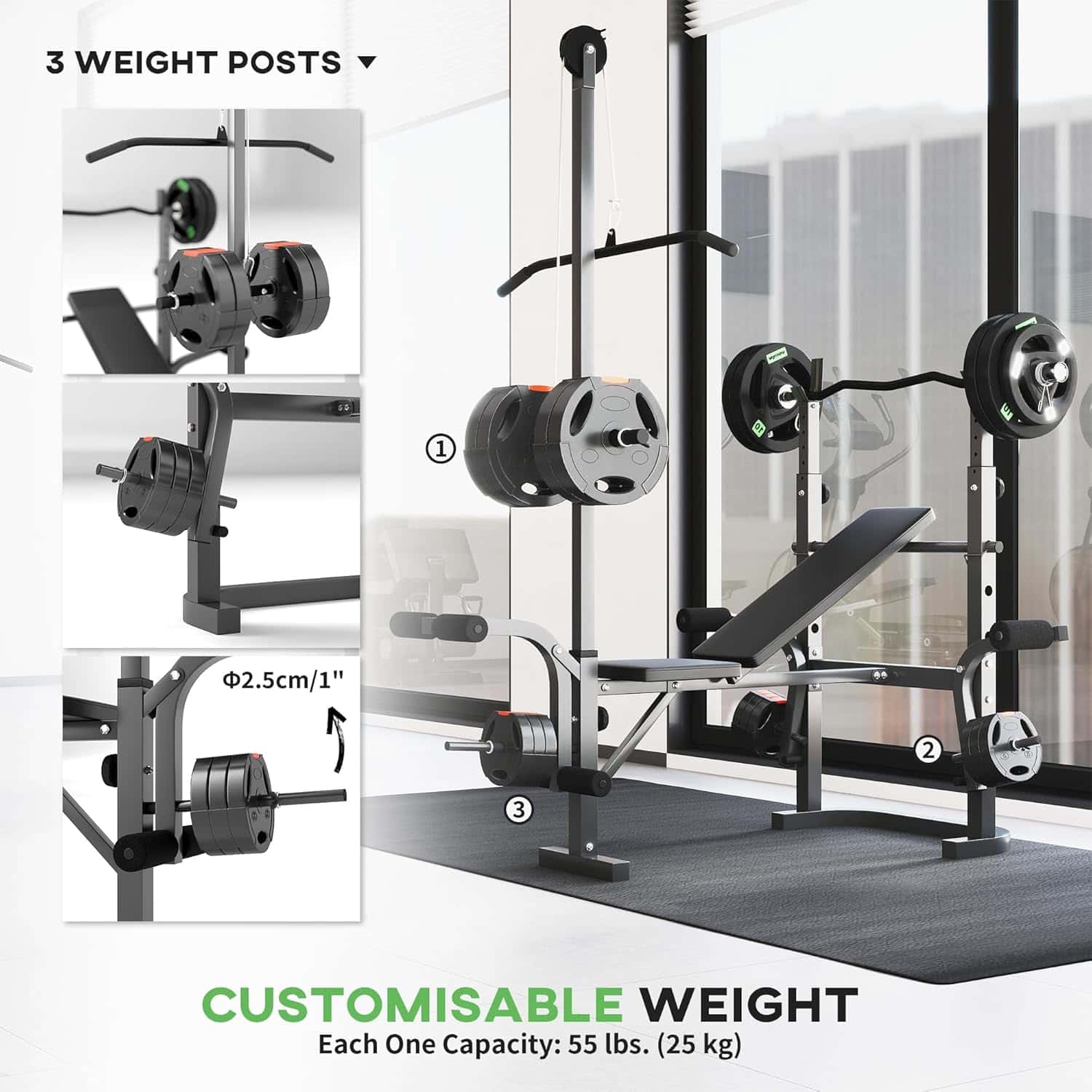 Adjustable Weight Bench with Preacher Curl, Lat Pull Down, Leg Extension & Bench Press Rack – Multi-Function Home Gym Machine Soozier