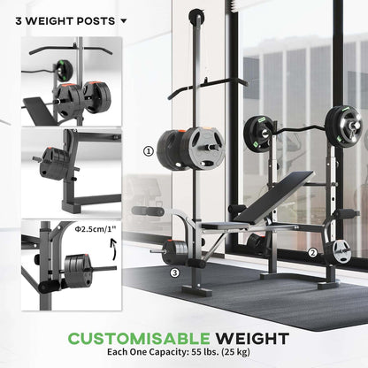 Adjustable Weight Bench with Preacher Curl, Lat Pull Down, Leg Extension & Bench Press Rack – Multi-Function Home Gym Machine Soozier