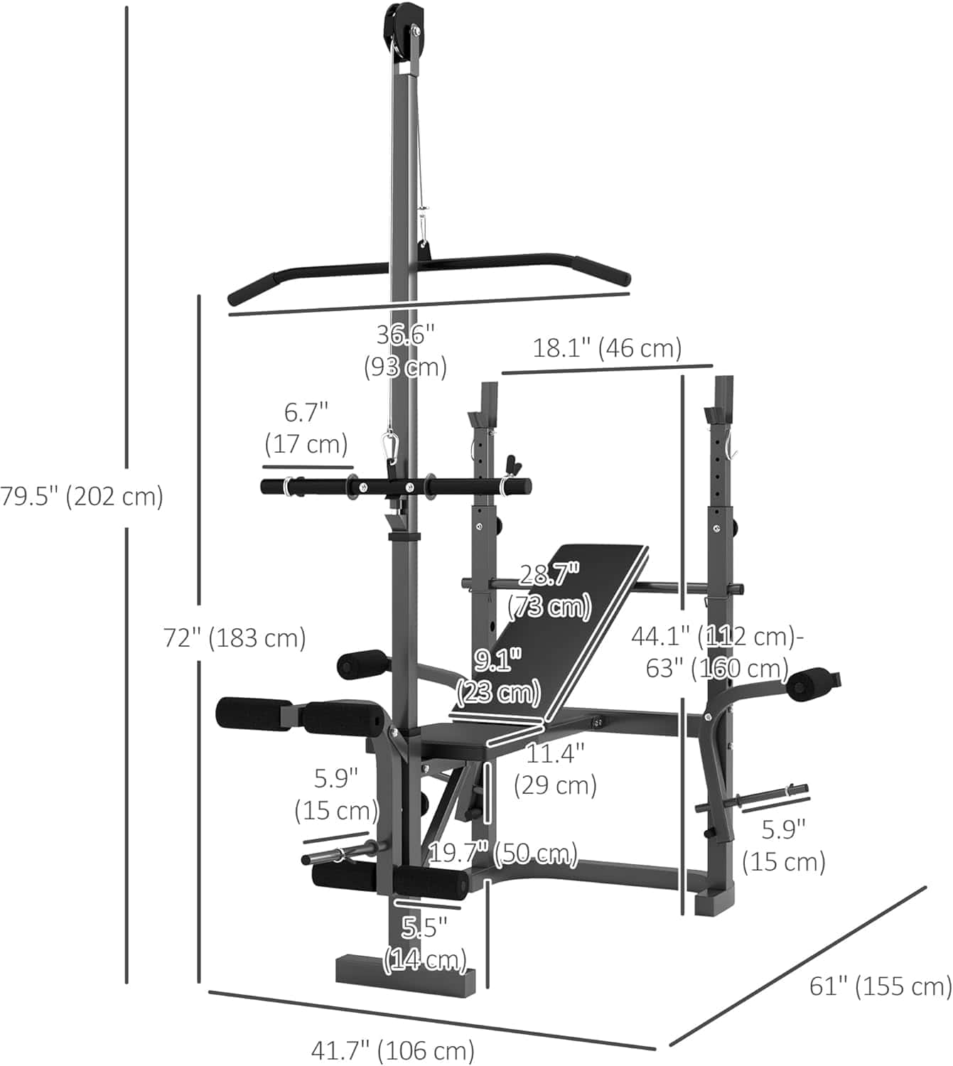 Adjustable Weight Bench with Preacher Curl, Lat Pull Down, Leg Extension & Bench Press Rack – Multi-Function Home Gym Machine Soozier