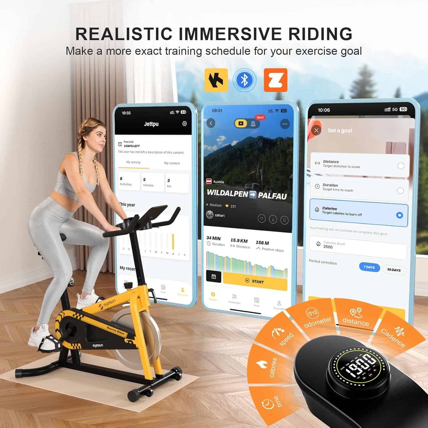 Person using a stationary bike with smartphone apps displayed on screens