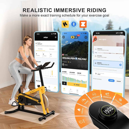 Person using a stationary bike with smartphone apps displayed on screens