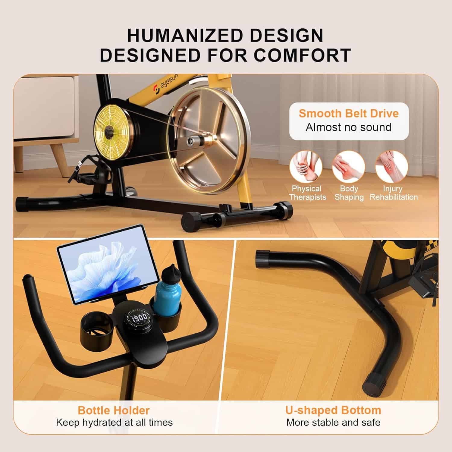 Exercise bike with features highlighted on a wooden floor.