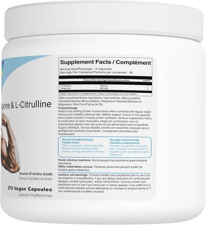 Supplement container with label showing 'L-Arginine & L-Citrulline' and '270 Vegan Capsules'.