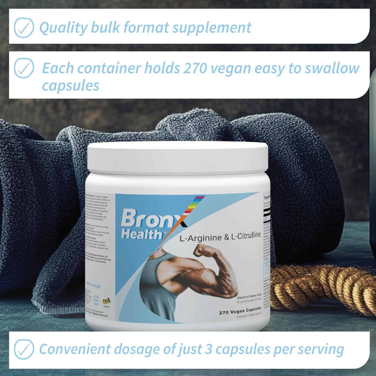  Bronx Health supplement container with fitness-themed design on a textured surface