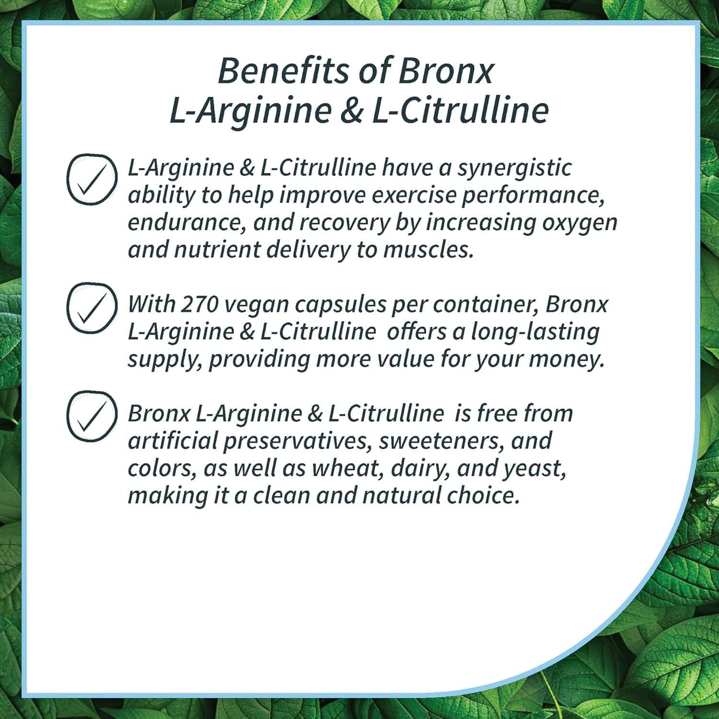 Promotional text about the benefits of Bronx L-Arginine & L-Citrulline on a green leafy background.