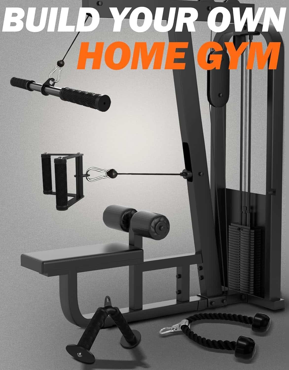 Home gym equipment set with text 'Build Your Own Home Gym' on a gray background