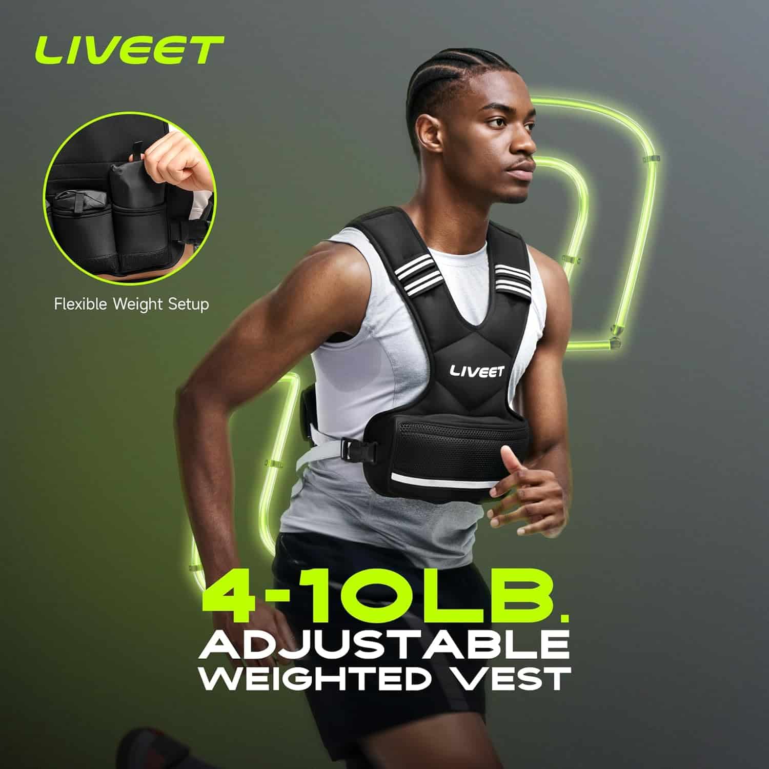 Liveet Adjustable Weighted Vest for Men & Women – 4–32lb with Iron Sand Bags, Reflective Strips & Adjustable Buckle Straps for Walking, Cardio & Strength Training Liveet