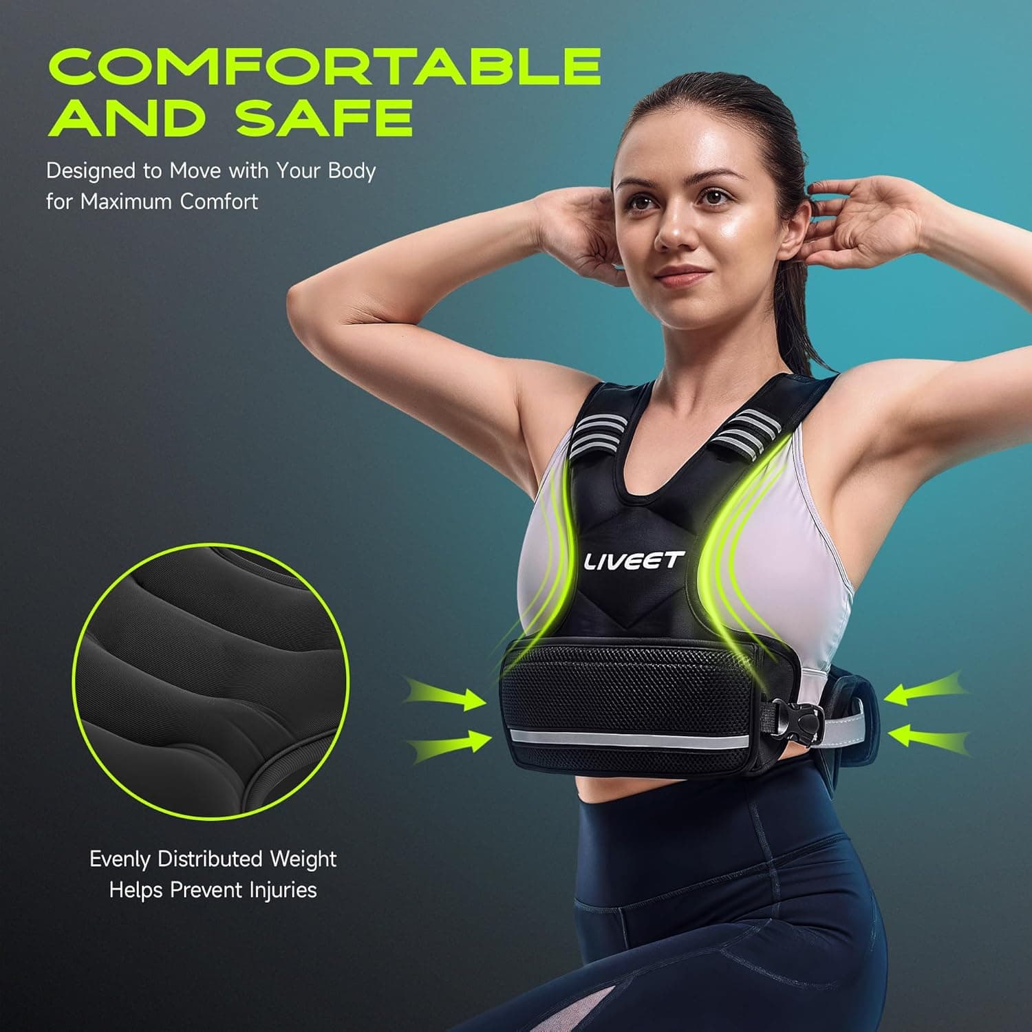 Liveet Adjustable Weighted Vest for Men & Women – 4–32lb with Iron Sand Bags, Reflective Strips & Adjustable Buckle Straps for Walking, Cardio & Strength Training Liveet