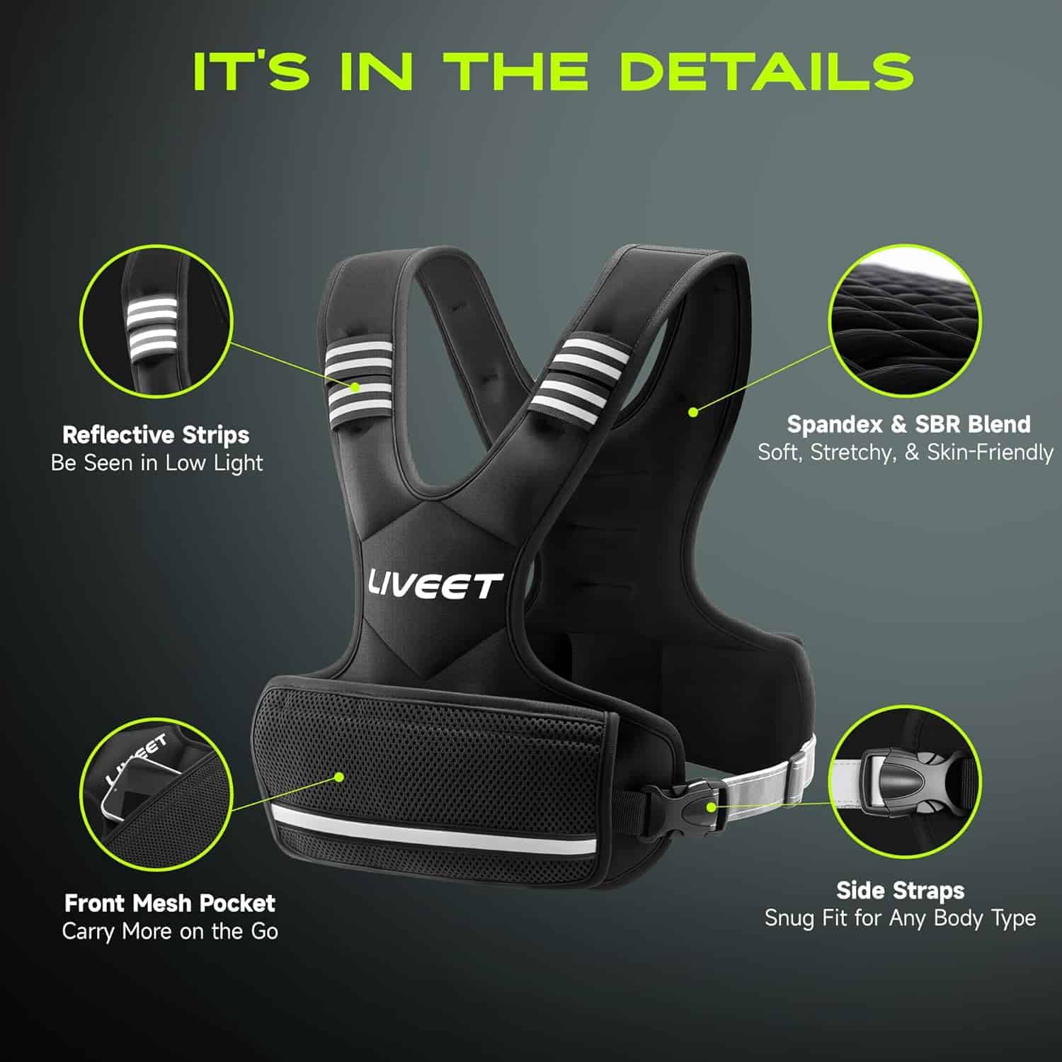 Liveet Adjustable Weighted Vest for Men & Women – 4–32lb with Iron Sand Bags, Reflective Strips & Adjustable Buckle Straps for Walking, Cardio & Strength Training Liveet