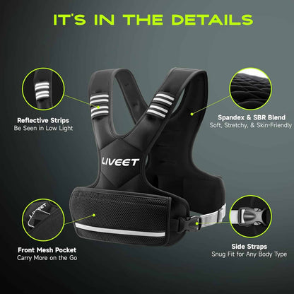 Liveet Adjustable Weighted Vest for Men & Women – 4–32lb with Iron Sand Bags, Reflective Strips & Adjustable Buckle Straps for Walking, Cardio & Strength Training Liveet