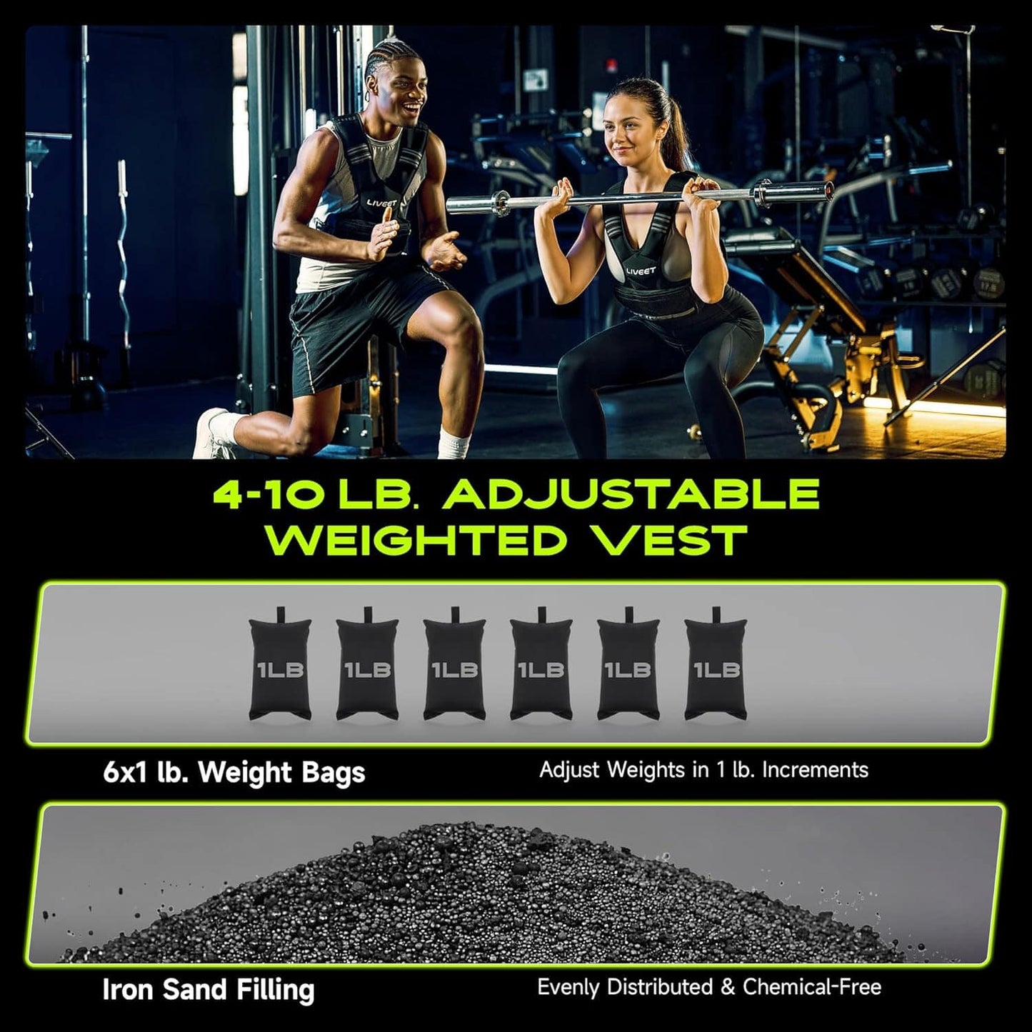 Liveet Adjustable Weighted Vest for Men & Women – 4–32lb with Iron Sand Bags, Reflective Strips & Adjustable Buckle Straps for Walking, Cardio & Strength Training Liveet