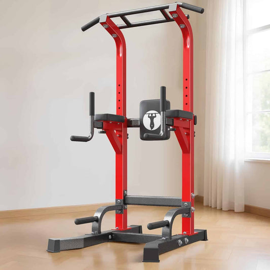 Red and black pull-up bar and weight rack in a room with a window.