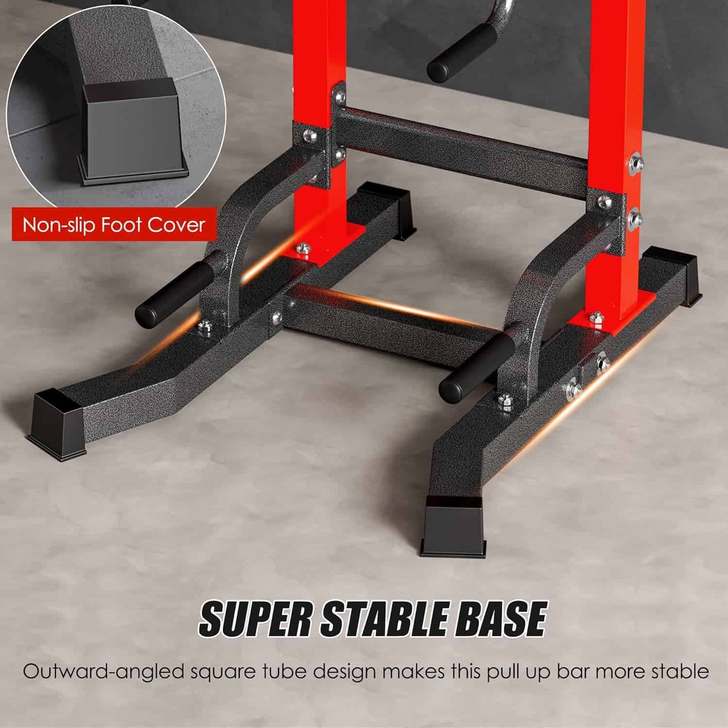 Fitness pull-up bar with non-slip foot cover feature on a gray surface