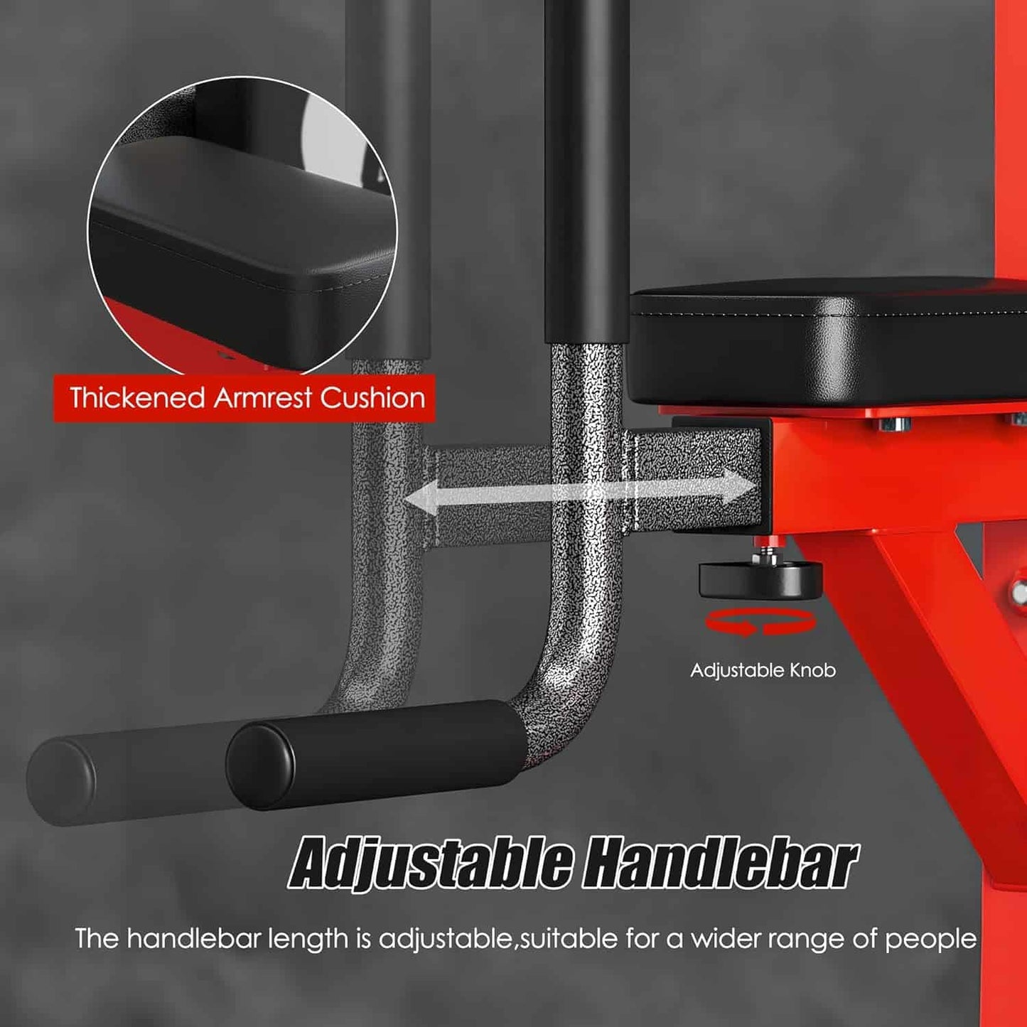 Gym bench with adjustable handlebar and thickened armrest cushion on a gray background